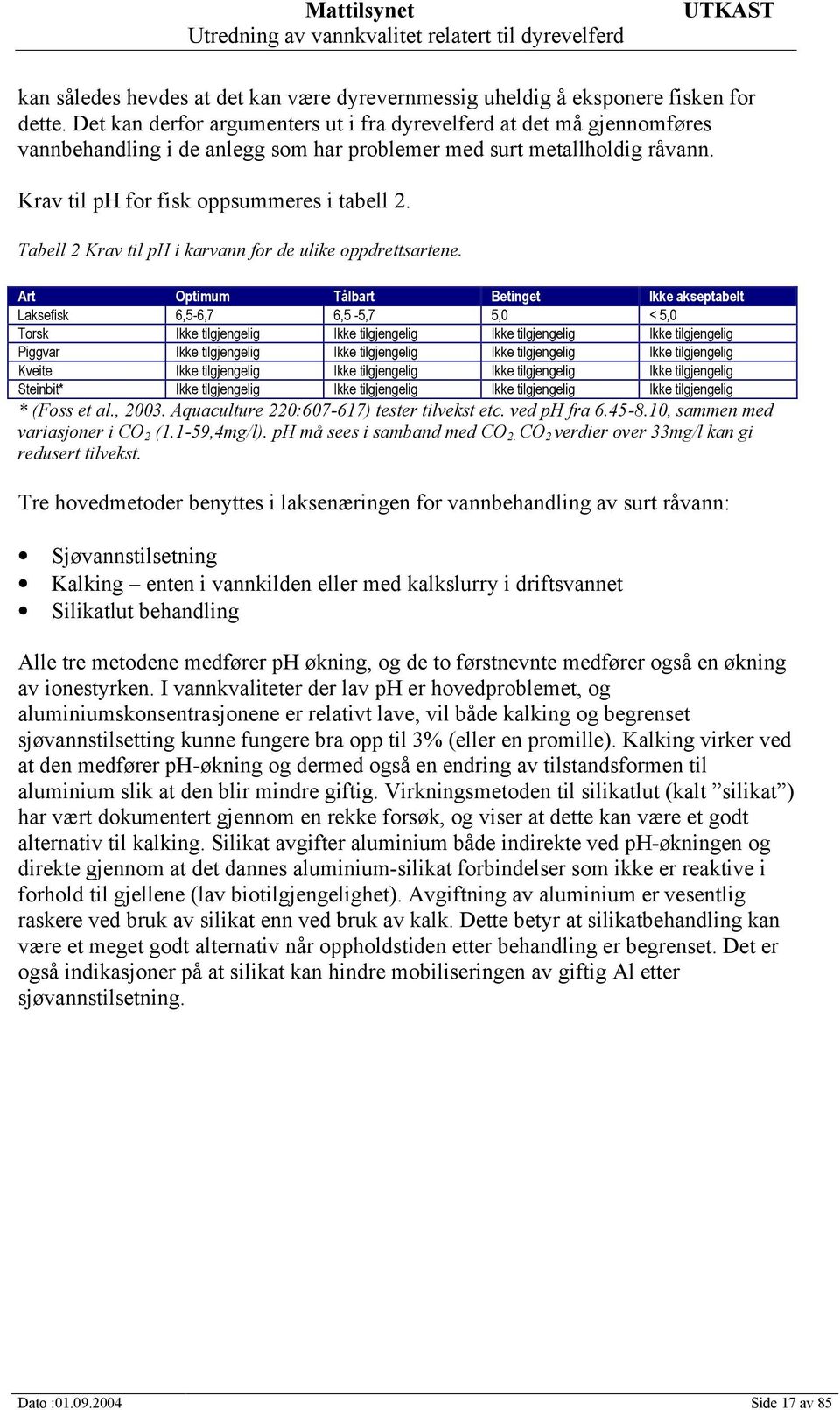 Tabell 2 Krav til ph i karvann for de ulike oppdrettsartene.