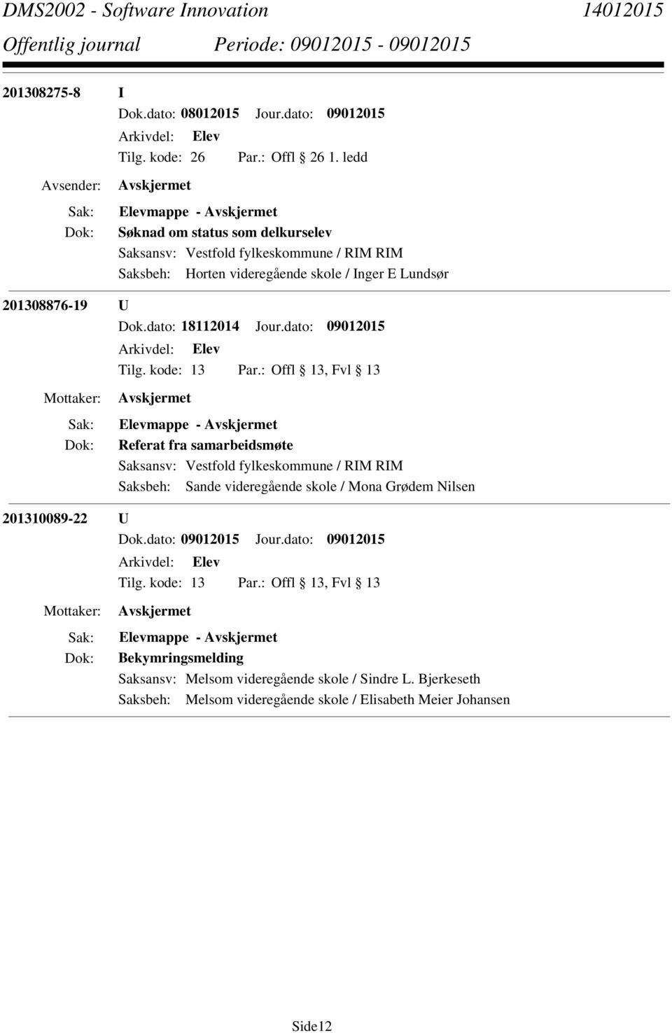 dato: 09012015 Referat fra samarbeidsmøte Saksbeh: Sande videregående skole / Mona Grødem Nilsen