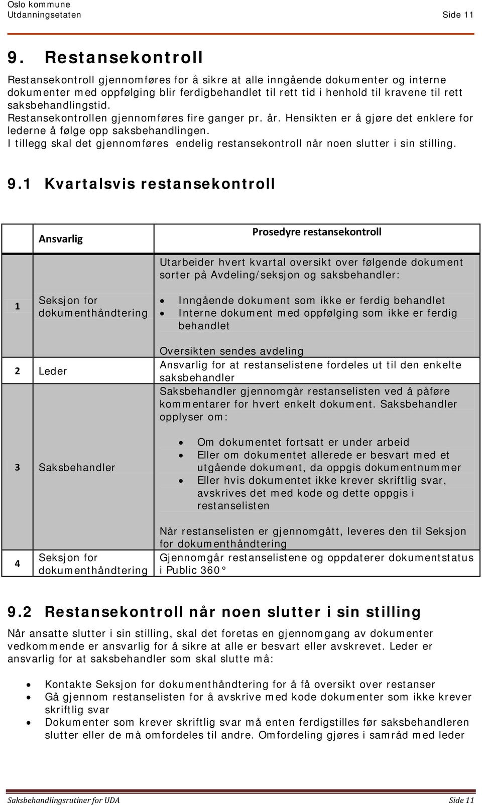 saksbehandlingstid. Restansekontrollen gjennomføres fire ganger pr. år. Hensikten er å gjøre det enklere for lederne å følge opp saksbehandlingen.