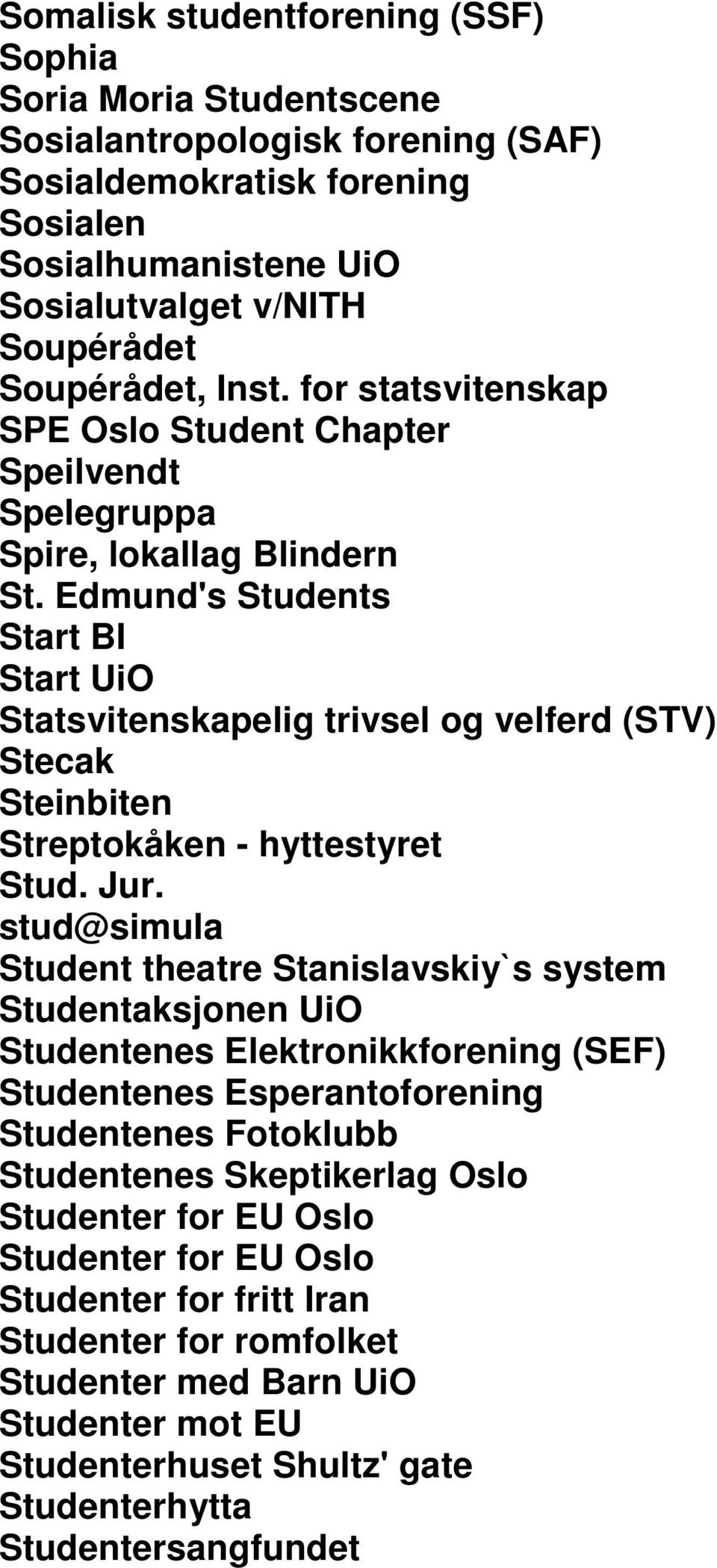 Edmund's Students Start BI Start UiO Statsvitenskapelig trivsel og velferd (STV) Stecak Steinbiten Streptokåken - hyttestyret Stud. Jur.