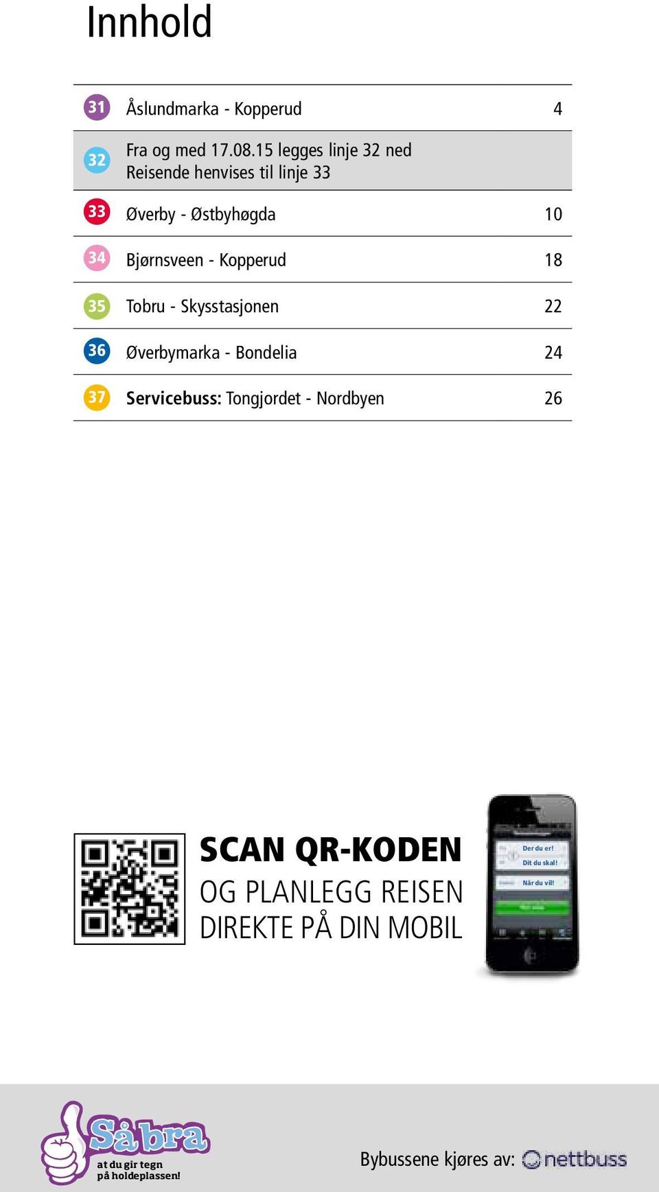 Tobru - Skysstasjonen 22 Øverbymarka - Bondelia 24 Servicebuss: Tongjordet - Nordbyen 26 SCAN
