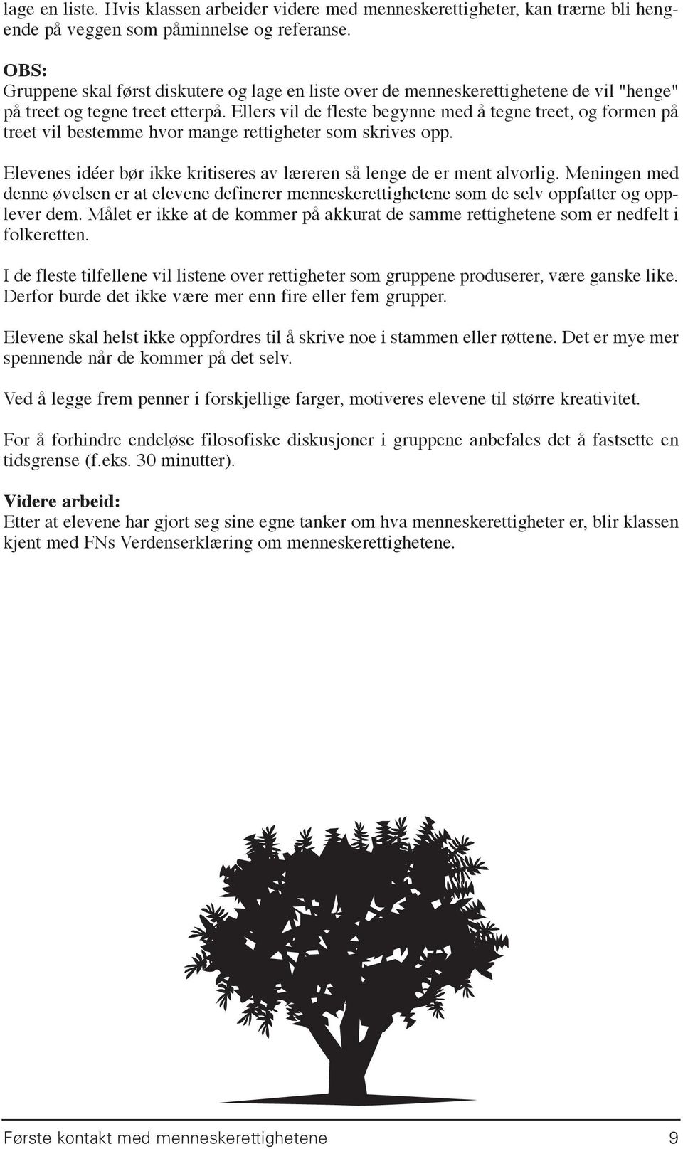 Ellers vil de fleste begynne med å tegne treet, og formen på treet vil bestemme hvor mange rettigheter som skrives opp. Elevenes idéer bør ikke kritiseres av læreren så lenge de er ment alvorlig.