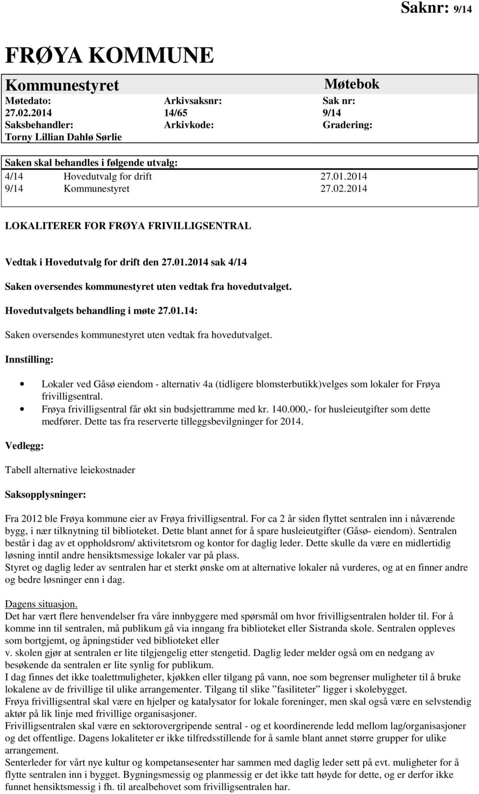 02.2014 LOKALITERER FOR FRØYA FRIVILLIGSENTRAL Vedtak i Hovedutvalg for drift den 27.01.2014 sak 4/14 Saken oversendes kommunestyret uten vedtak fra hovedutvalget. Hovedutvalgets behandling i møte 27.