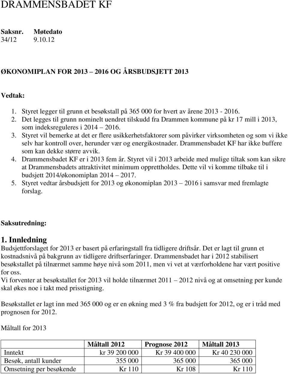 Drammensbadet KF har ikke buffere som kan dekke større avvik. 4. Drammensbadet KF er i 2013 fem år.