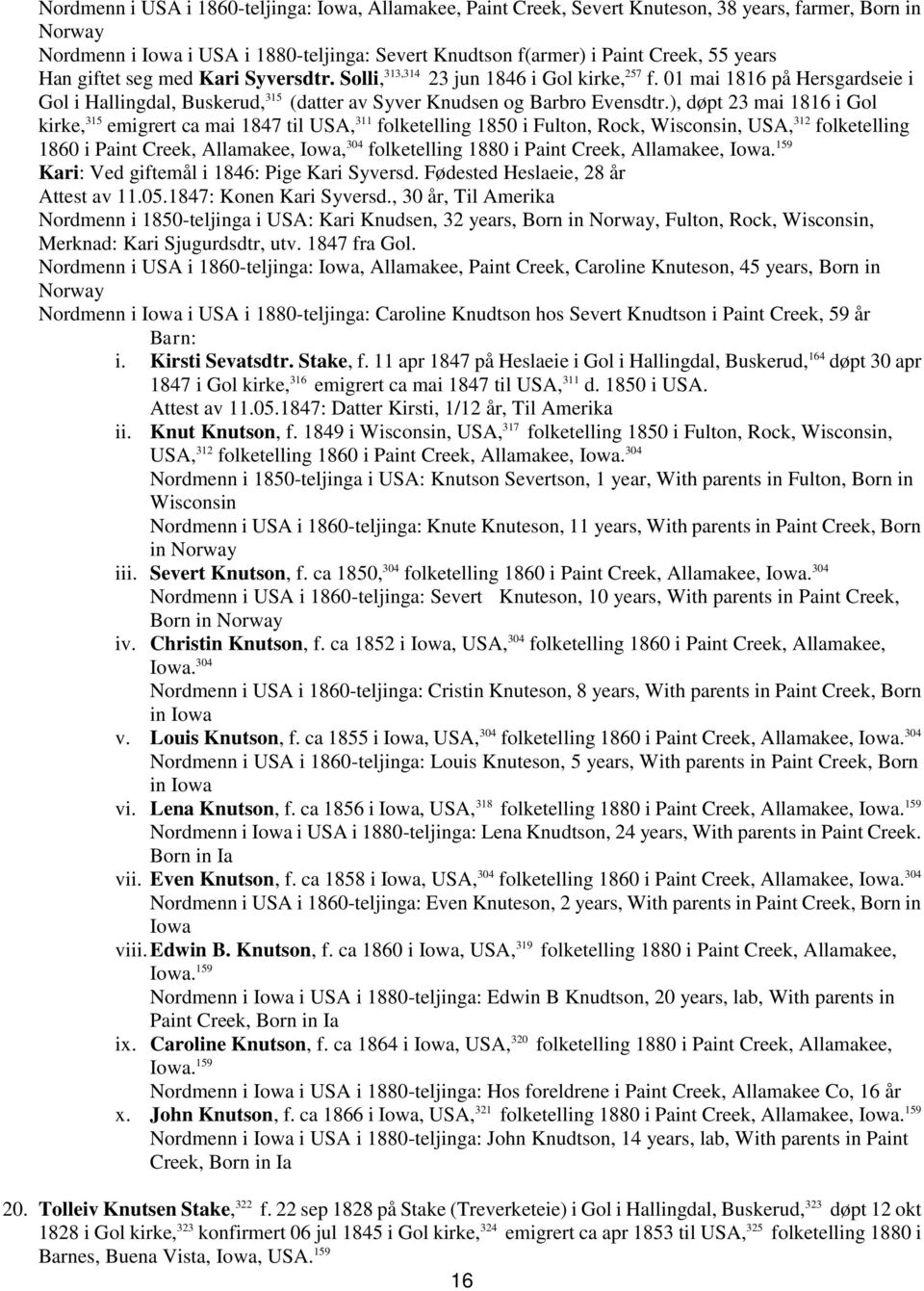 ), døpt 23 mai 1816 i Gol kirke, 315 emigrert ca mai 1847 til USA, 311 folketelling 1850 i Fulton, Rock, Wisconsin, USA, 312 folketelling 1860 i Paint Creek, Allamakee, Iowa, 304 folketelling 1880 i