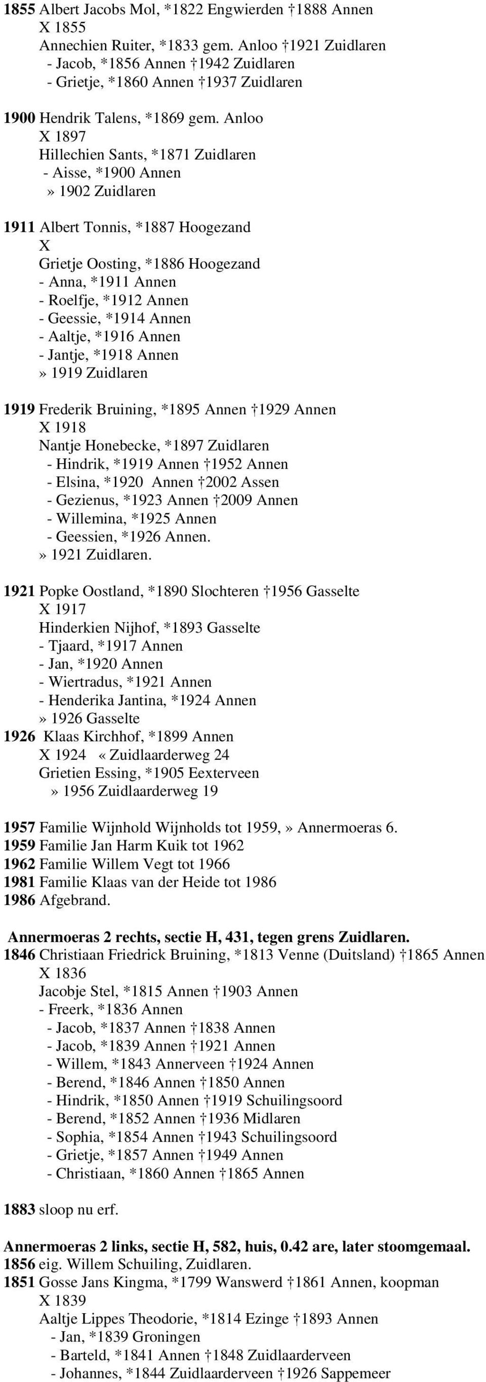 Anloo X 1897 Hillechien Sants, *1871 Zuidlaren - Aisse, *1900 Annen» 1902 Zuidlaren 1911 Albert Tonnis, *1887 Hoogezand X Grietje Oosting, *1886 Hoogezand - Anna, *1911 Annen - Roelfje, *1912 Annen -