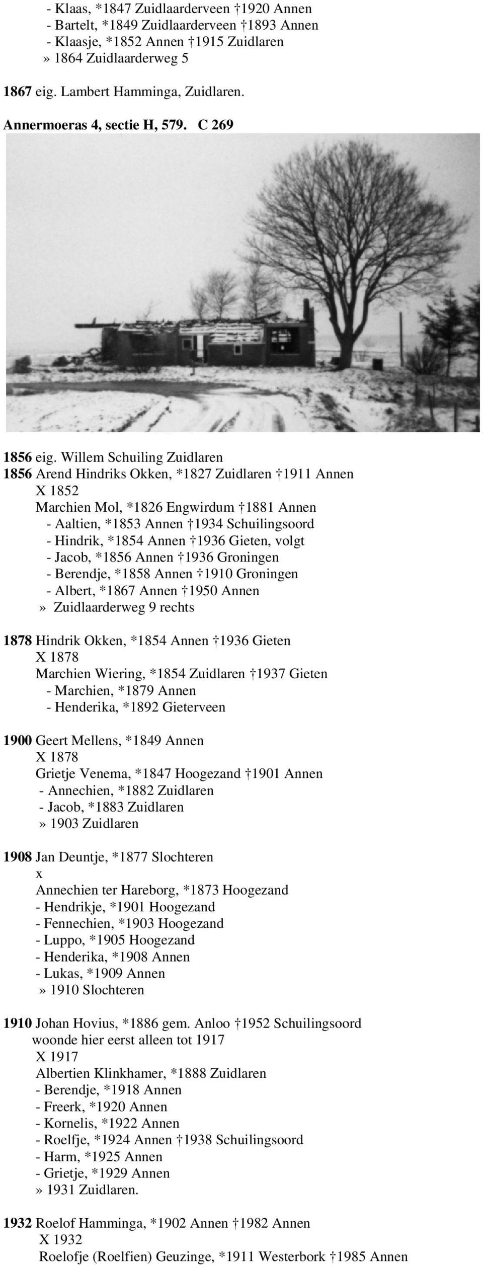 Willem Schuiling Zuidlaren 1856 Arend Hindriks Okken, *1827 Zuidlaren 1911 Annen X 1852 Marchien Mol, *1826 Engwirdum 1881 Annen - Aaltien, *1853 Annen 1934 Schuilingsoord - Hindrik, *1854 Annen 1936