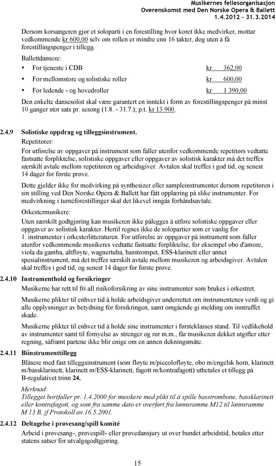 forestillingspenger på minst 10 ganger stor sats pr. sesong (1.8. - 31.7.); p.t. kr 13 900. 2.4.9 Solistiske oppdrag og tilleggsinstrument.