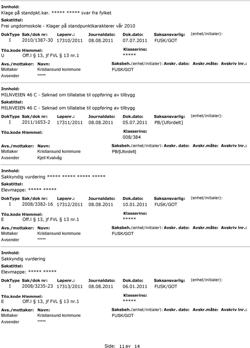 2011 PB/[fordelt] 008/384 Avs./mottaker: Navn: Saksbeh. Avskr. dato: Avskr.måte: Avskriv lnr.: PB/[fordelt] Kjell Kvalvåg Sakkyndig vurdering levmappe: 2008/3382-16 17312/2011 10.01.2011 FSK/GOT Avs.