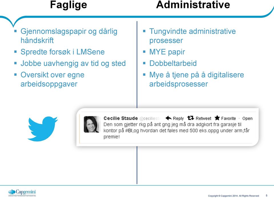 Tungvindte administrative prosesser MYE papir Dobbeltarbeid Mye å tjene på å