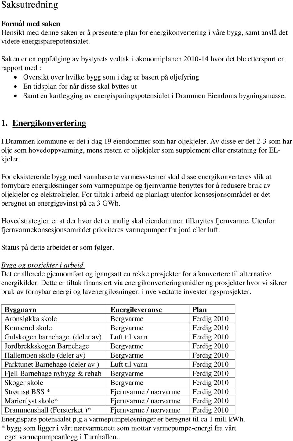 byttes ut Samt en kartlegging av energisparingspotensialet i Drammen Eiendoms bygningsmasse. 1. Energikonvertering I Drammen kommune er det i dag 19 eiendommer som har oljekjeler.