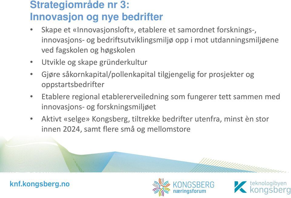 såkornkapital/pollenkapital tilgjengelig for prosjekter og oppstartsbedrifter Etablere regional etablererveiledning som fungerer tett