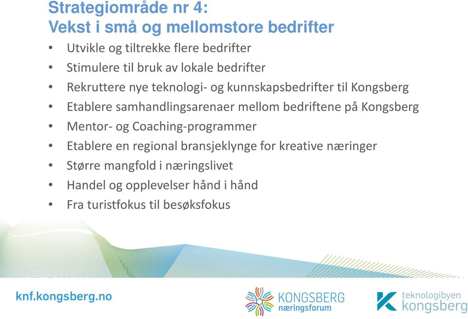 samhandlingsarenaer mellom bedriftene på Kongsberg Mentor- og Coaching-programmer Etablere en regional