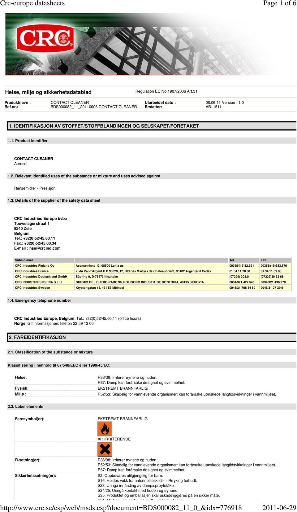 3. Details of the supplier of the safety data sheet CRC Industries Europe bvba Touwslagerstraat 1 9240 Zele Belgium Tel.: +32(0)52/45.60.11 Fax.: +32(0)52/45.00.34 E-mail : hse@crcind.