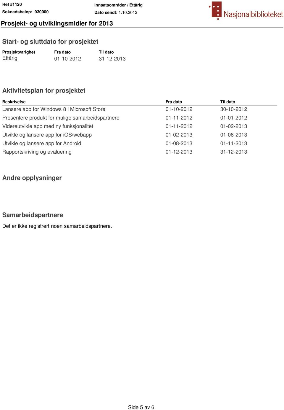 app med ny funksjonalitet 01-11-2012 01-02-2013 Utvikle og lansere app for ios/webapp 01-02-2013 01-06-2013 Utvikle og lansere app for Android 01-08-2013