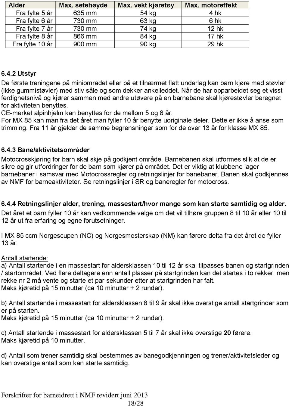 kg 4 hk Fra fylte 6 år 730 mm 63 kg 6 hk Fra fylte 7 år 730 mm 74 kg 12 hk Fra fylte 8 år 866 mm 84 kg 17 hk Fra fylte 10 år 900 mm 90 kg 29 hk 6.4.2 Utstyr De første treningene på miniområdet eller på et tilnærmet flatt underlag kan barn kjøre med støvler (ikke gummistøvler) med stiv såle og som dekker ankelleddet.