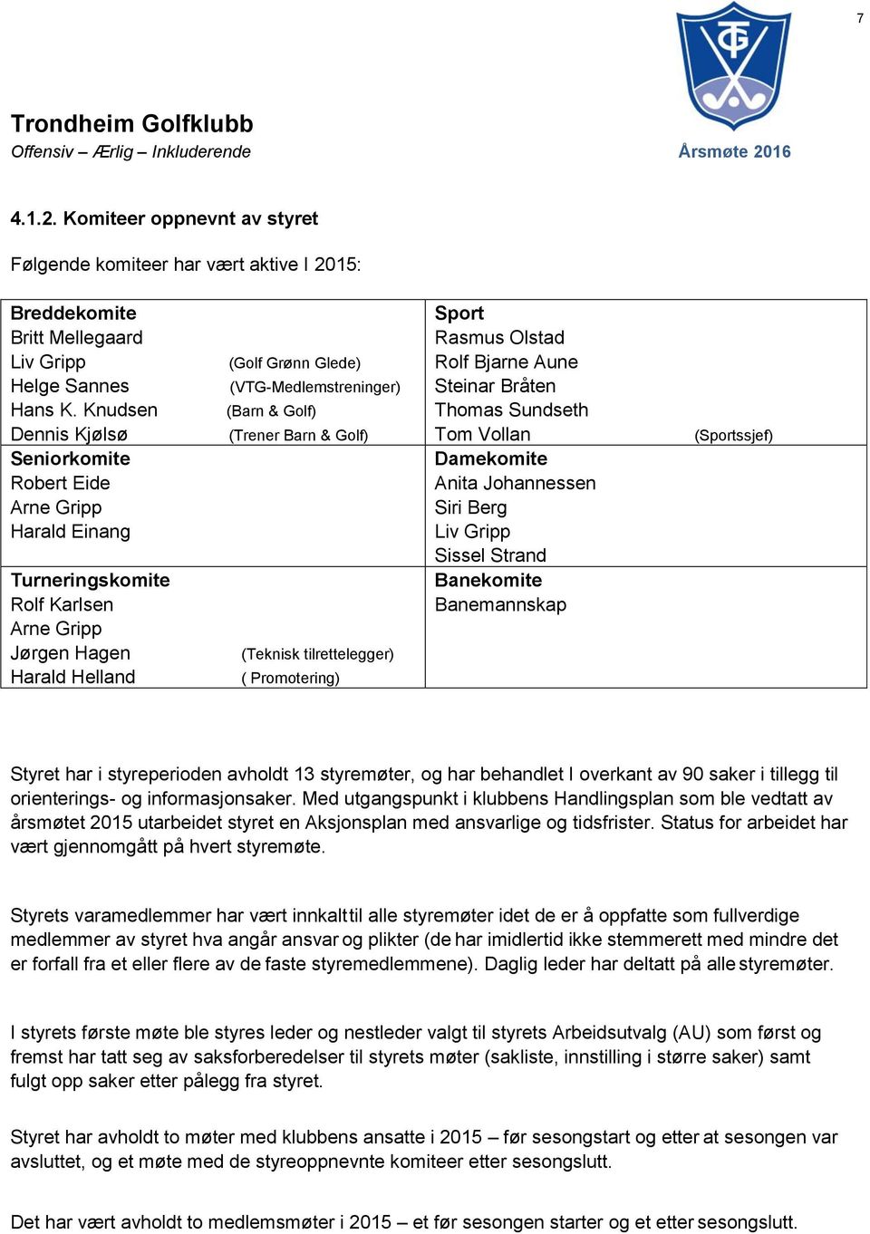 (Trener Barn & Golf) (Teknisk tilrettelegger) ( Promotering) Sport Rasmus Olstad Rolf Bjarne Aune Steinar Bråten Thomas Sundseth Tom Vollan Damekomite Anita Johannessen Siri Berg Liv Gripp Sissel