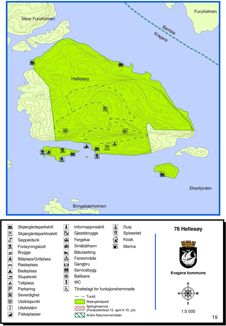 Gangbru Servicebygg Ballbane Marina Privat badetrapp Privat båthus Privat båtplass Kragerø kommune Teltplass WC Parkering Tilrettelagt for funksjonshemmede