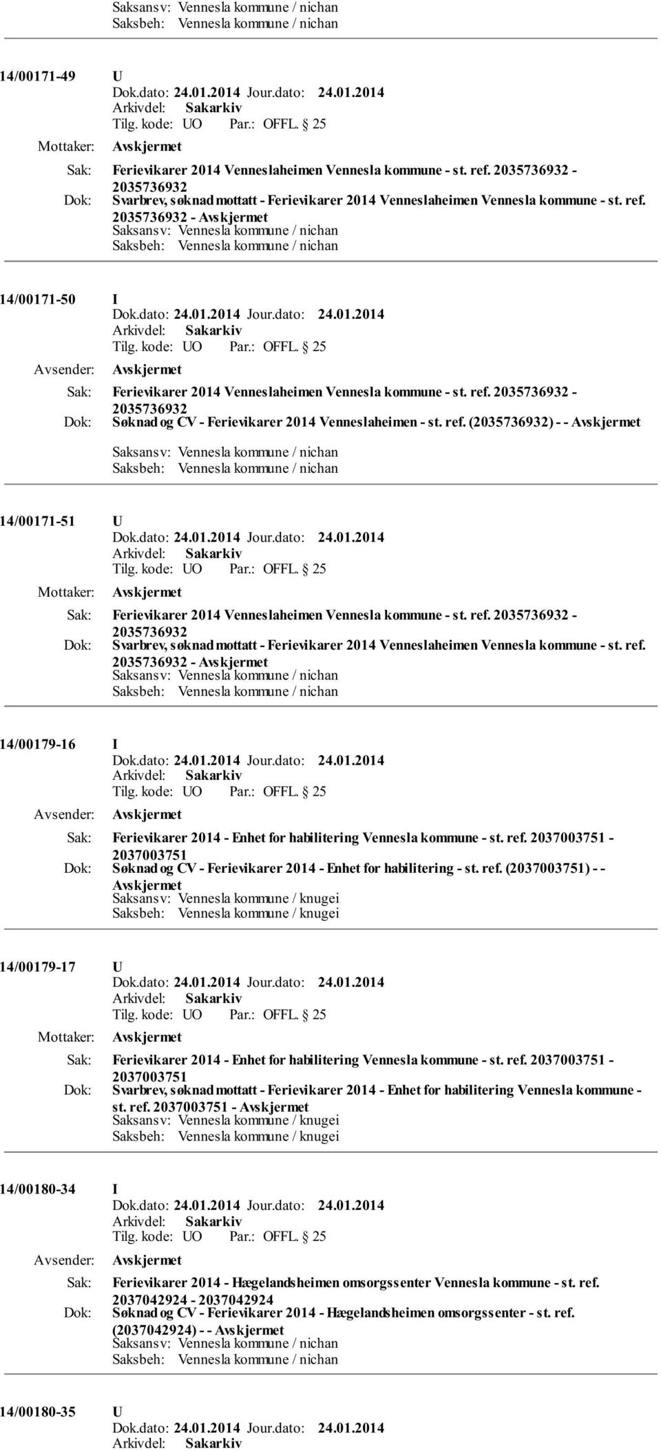 25 Ferievikarer 2014 Venneslaheimen Vennesla kommune - st. ref. 2035736932-2035736932 Søknad og CV - Ferievikarer 2014 Venneslaheimen - st. ref. (2035736932) - - 14/00171-51 U Tilg. kode: UO OFFL.