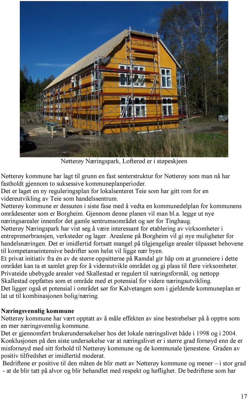Nøtterøy kommune er dessuten i siste fase med å vedta en kommunedelplan for kommunens områdesenter som er Borgheim. Gjennom denne planen vil man bl.a. legge ut nye næringsarealer innenfor det gamle sentrumsområdet og sør for Tinghaug.