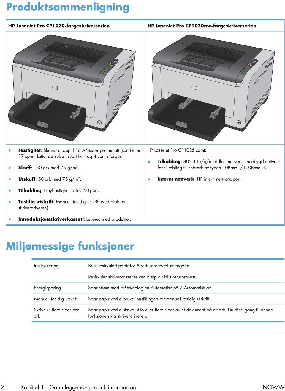 11b/g/n-trådløst nettverk, innebygd nettverk for tilkobling til nettverk av typen 10Base-T/100Base-TX. Utskuff: 50 ark med 75 g/m 2. Internt nettverk: HP intern nettverksport.