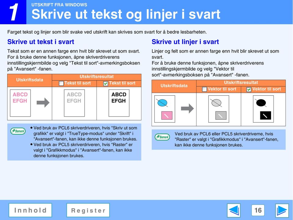 For å bruke denne funksjonen, åpne skriverdriverens innstillingskjermbilde og velg "Tekst til sort"-avmerkingsboksen på "Avansert" -fanen.