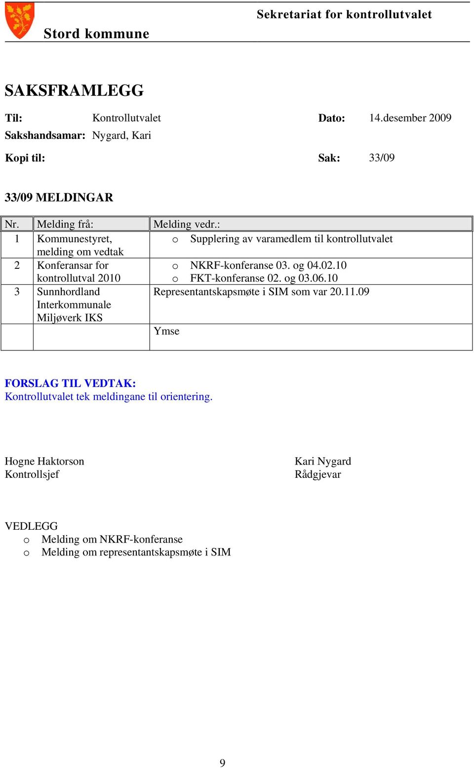 : 1 Kommunestyret, o Supplering av varamedlem til kontrollutvalet melding om vedtak 2 Konferansar for o NKRF-konferanse 03. og 04.02.