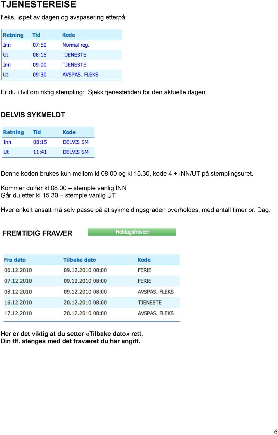 DELVIS SYKMELDT Denne koden brukes kun mellom kl 08.00 og kl 15.30, kode 4 + INN/UT på stemplingsuret. Kommer du før kl 08.