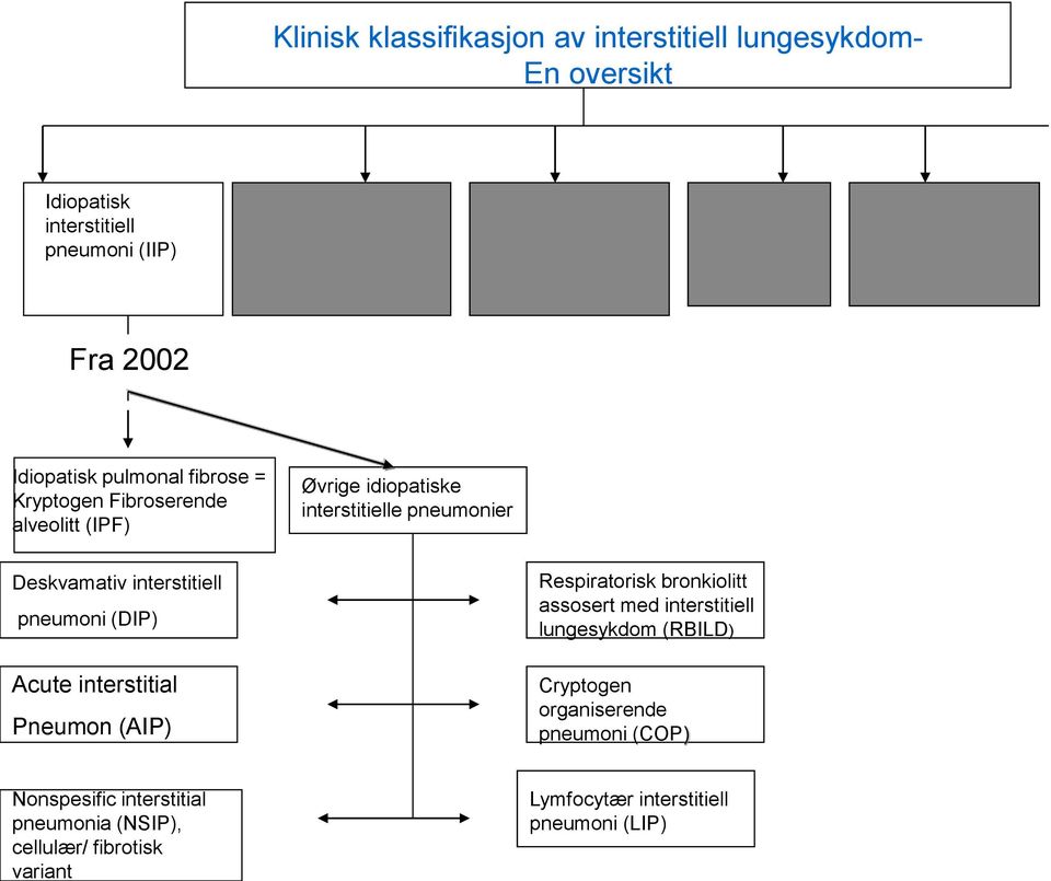 pneumoni (DIP) Acute interstitial Pneumon (AIP) Respiratorisk bronkiolitt assosert med interstitiell lungesykdom (RBILD) Cryptogen