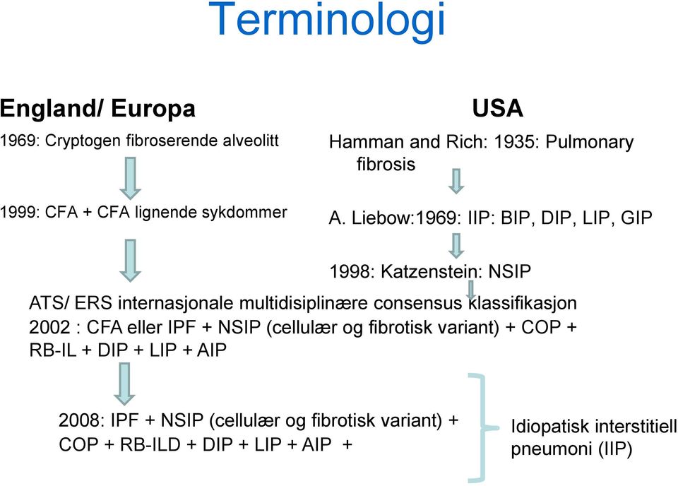 Liebow:1969: IIP: BIP, DIP, LIP, GIP 1998: Katzenstein: NSIP ATS/ ERS internasjonale multidisiplinære consensus