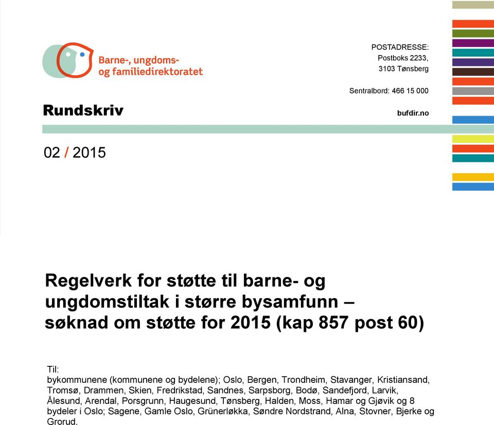 (kommunene og bydelene); Oslo, Bergen, Trondheim, Stavanger, Kristiansand, Tromsø, Drammen, Skien, Fredrikstad, Sandnes, Sarpsborg, Bodø,