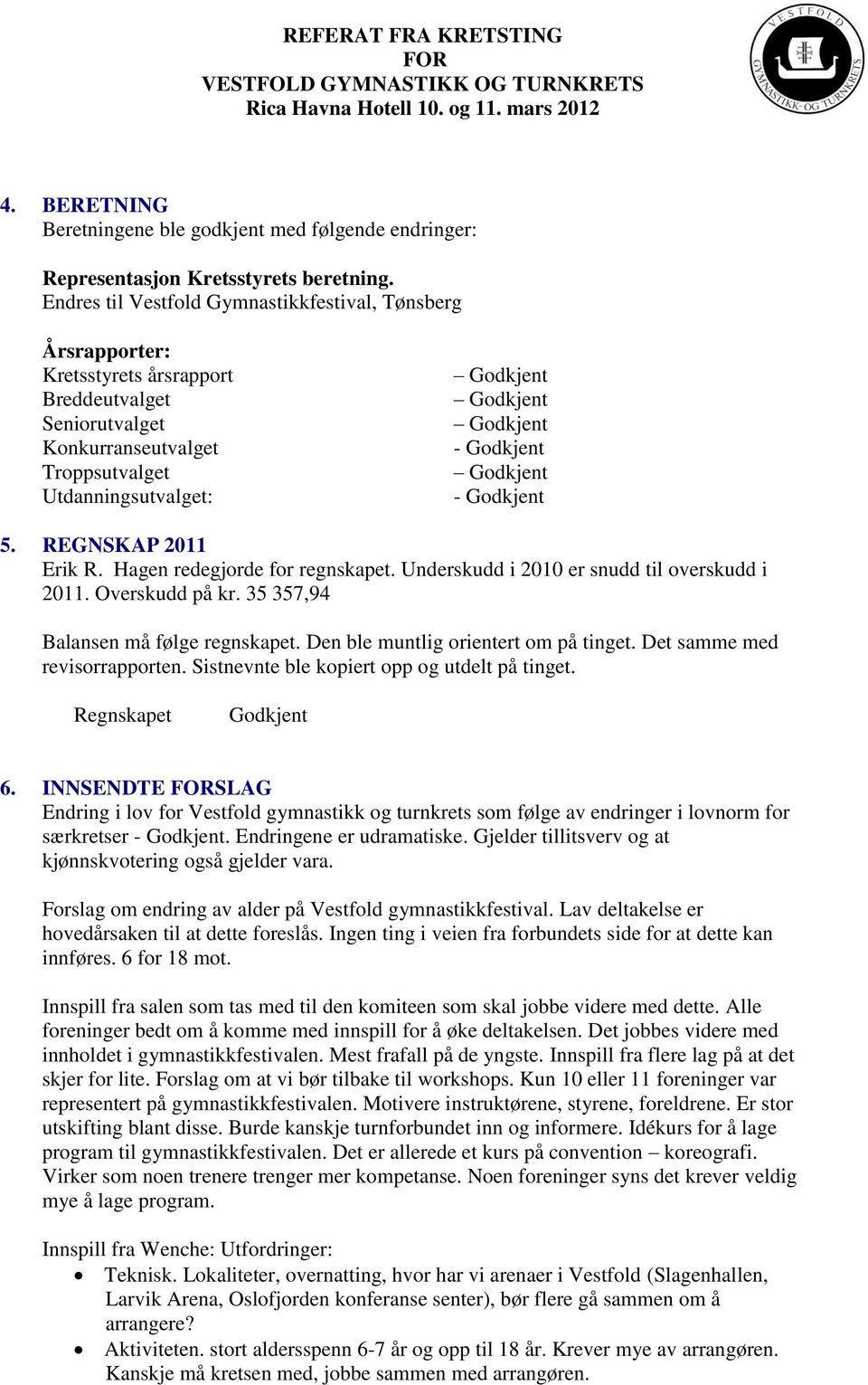 REGNSKAP 2011 Erik R. Hagen redegjorde for regnskapet. Underskudd i 2010 er snudd til overskudd i 2011. Overskudd på kr. 35 357,94 Balansen må følge regnskapet. Den ble muntlig orientert om på tinget.