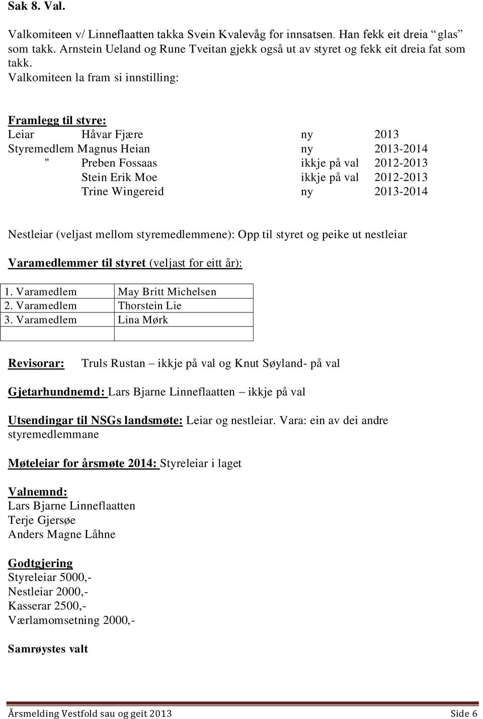 Trine Wingereid ny 2013-2014 Nestleiar (veljast mellom styremedlemmene): Opp til styret og peike ut nestleiar Varamedlemmer til styret (veljast for eitt år): 1. Varamedlem May Britt Michelsen 2.