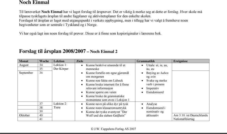 Forslaget til årsplan er laget med utgangspunkt i verkets oppbygning, men i tillegg har vi valgt å fremheve noen begivenheter som er sentrale i Tyskland og i Norge.