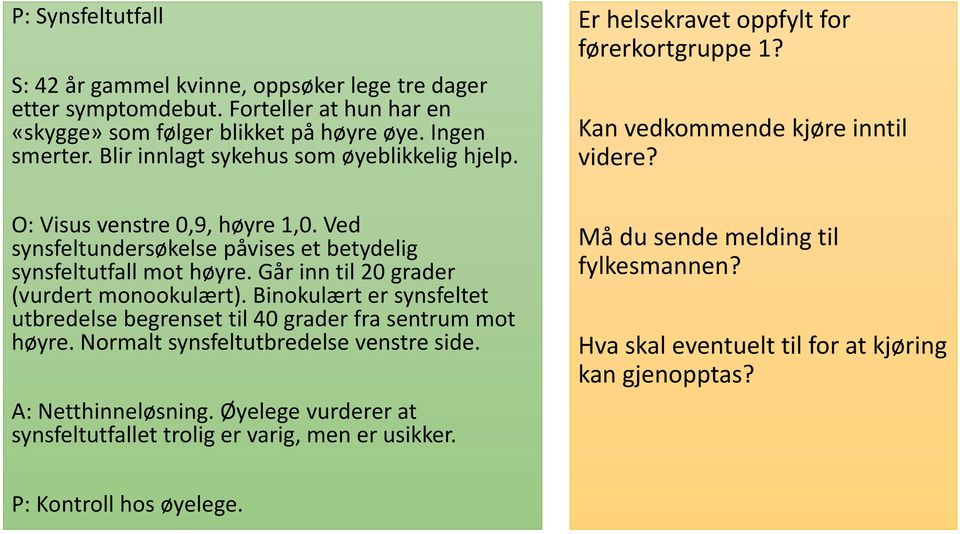 Ved synsfeltundersøkelse påvises et betydelig synsfeltutfall mot høyre. Går inn til 20 grader (vurdert monookulært).