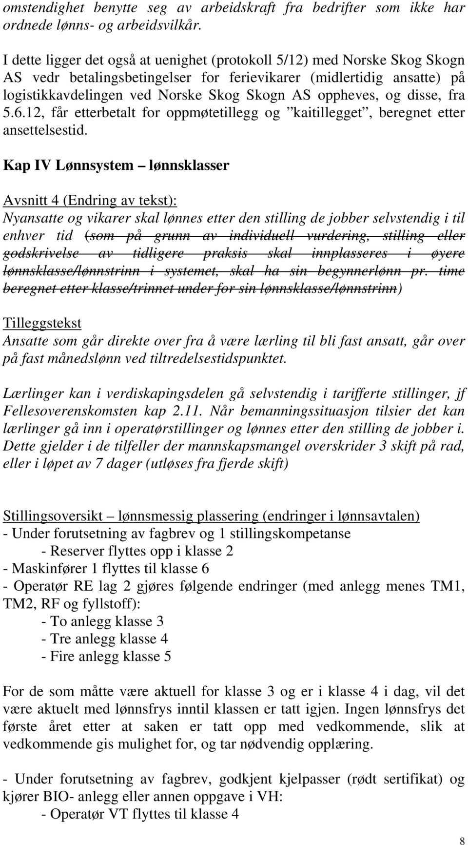 oppheves, og disse, fra 5.6.12, får etterbetalt for oppmøtetillegg og kaitillegget, beregnet etter ansettelsestid.