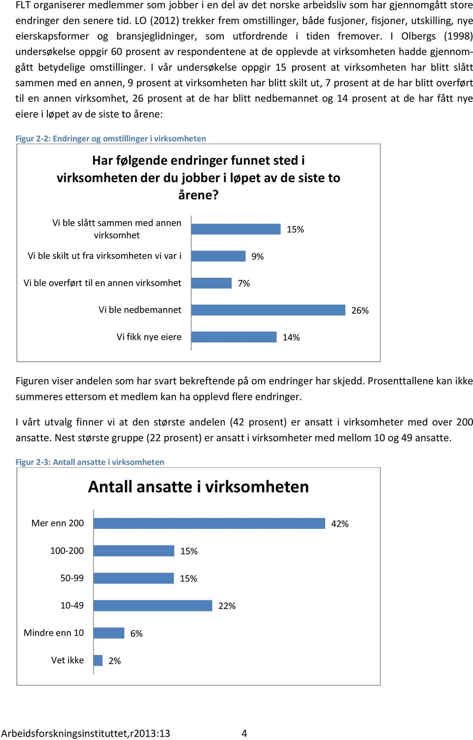 I Olbergs (1998) undersøkelse oppgir 60 prosent av respondentene at de opplevde at virksomheten hadde gjennomgått betydelige omstillinger.