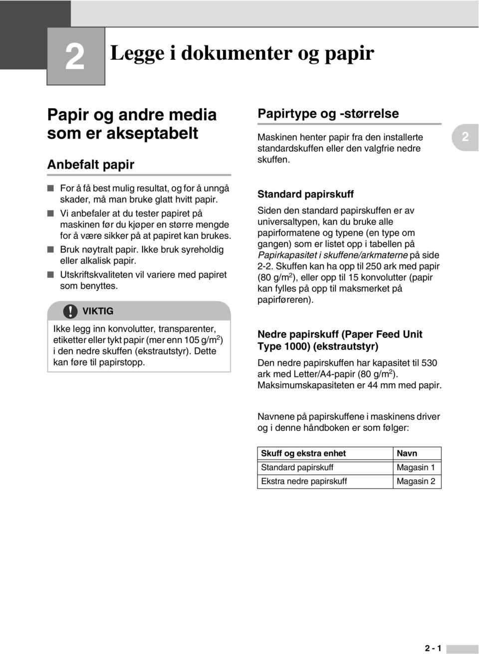 Utskriftskvaliteten vil variere med papiret som benyttes. VIKTIG Ikke legg inn konvolutter, transparenter, etiketter eller tykt papir (mer enn 105 g/m 2 ) i den nedre skuffen (ekstrautstyr).