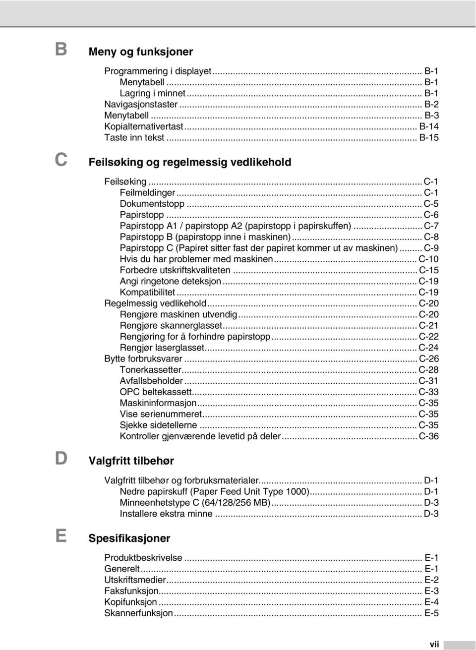 .. C-7 Papirstopp B (papirstopp inne i maskinen)... C-8 Papirstopp C (Papiret sitter fast der papiret kommer ut av maskinen)... C-9 Hvis du har problemer med maskinen.