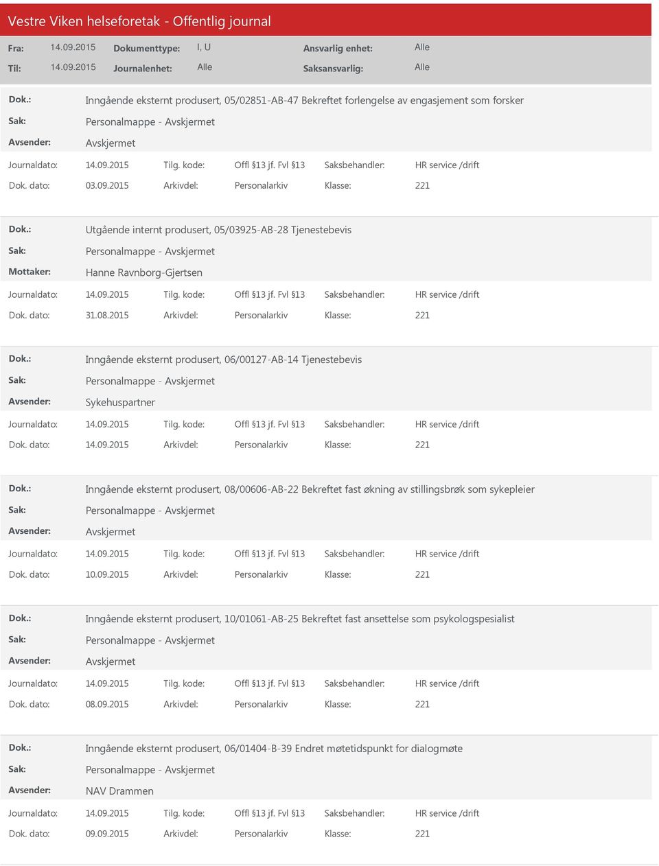 2015 Arkivdel: Personalarkiv Inngående eksternt produsert, 06/00127-AB-14 Tjenestebevis Personalmappe - Sykehuspartner Dok.