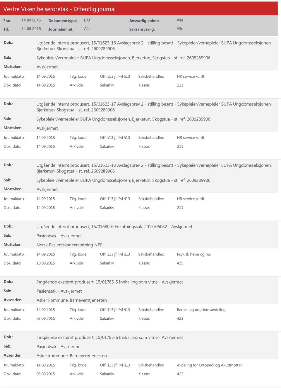 dato: Arkivdel: Sakarkiv tgående internt produsert, 15/01623-17 Avslagsbrev 2 - stilling besatt - Sykepleier/vernepleier BPA ngdomsseksjonen, Bjerketun, Skogstua - st. ref.