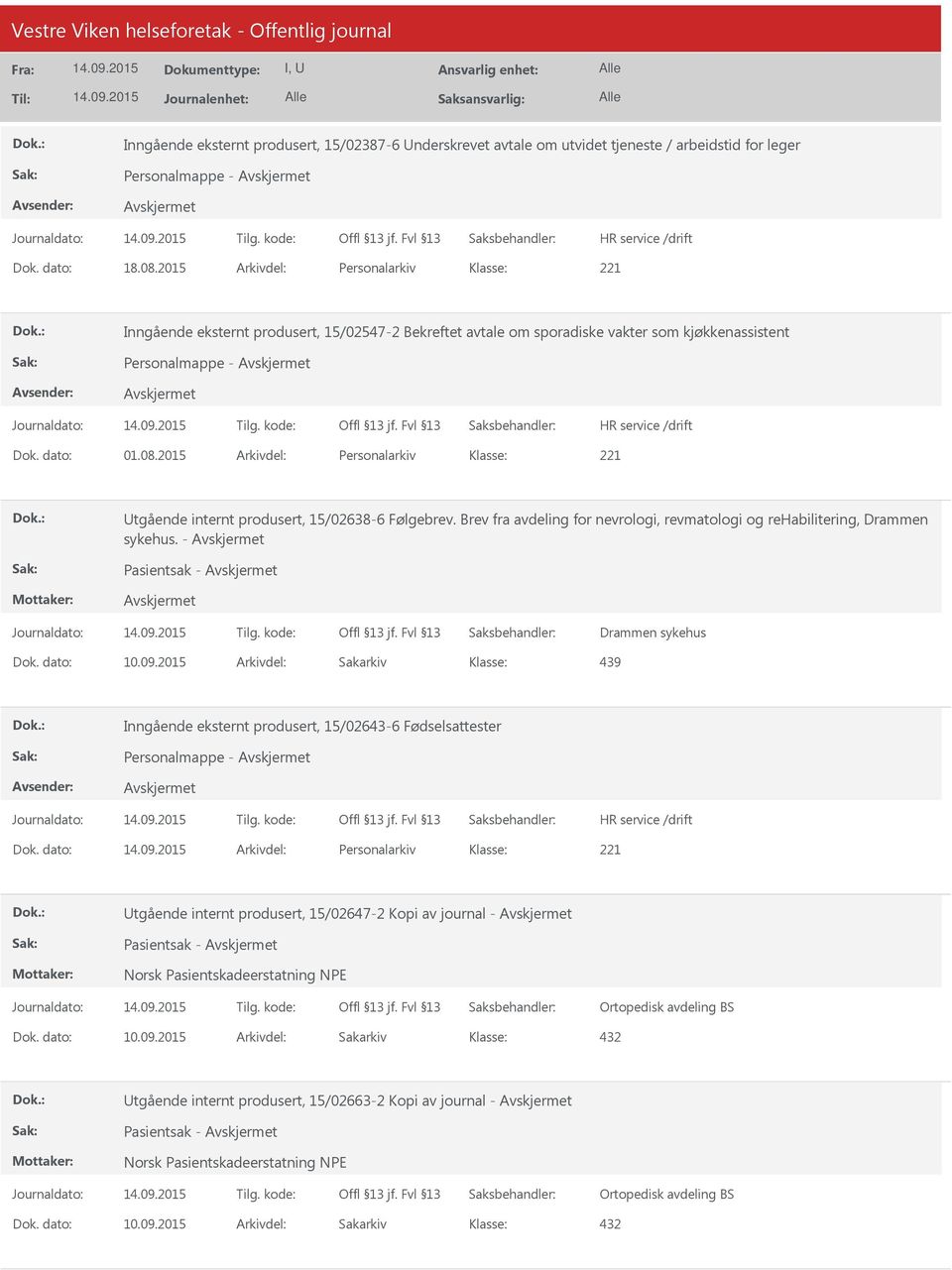 2015 Arkivdel: Personalarkiv tgående internt produsert, 15/02638-6 Følgebrev. Brev fra avdeling for nevrologi, revmatologi og rehabilitering, Drammen sykehus.