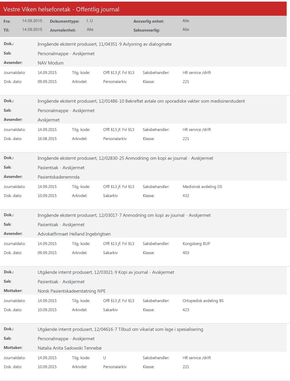 2015 Arkivdel: Personalarkiv Inngående eksternt produsert, 12/02830-25 Anmodning om kopi av journal - Pasientsak - Pasientskadenemnda Medisinsk avdeling DS 432 Inngående eksternt produsert,