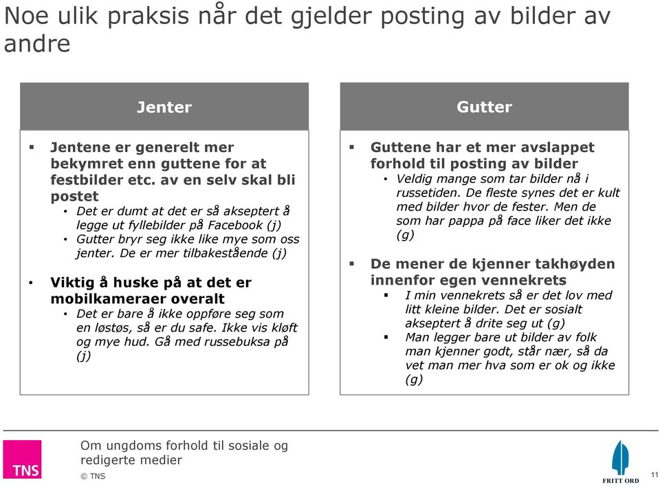 De er mer tilbakestående (j) Viktig å huske på at det er mobilkameraer overalt Det er bare å ikke oppføre seg som en løstøs, så er du safe. Ikke vis kløft og mye hud.