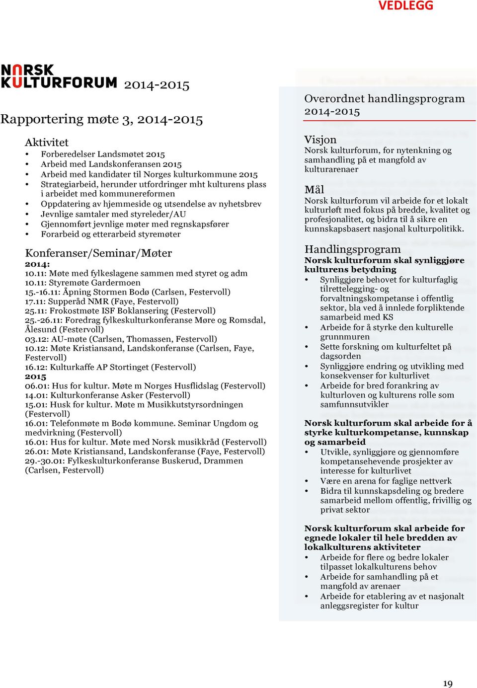 Forarbeid og etterarbeid styremøter Konferanser/Seminar/Møter 2014: 10.11: Møte med fylkeslagene sammen med styret og adm 10.11: Styremøte Gardermoen 15.-16.