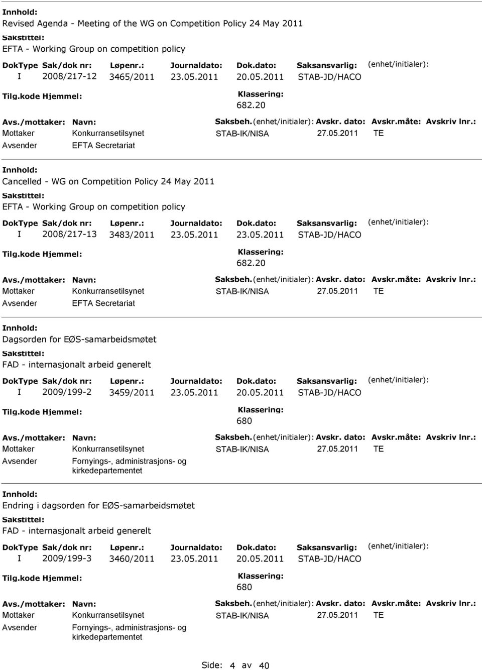 20 STAB-K/NSA TE Avsender EFTA Secretariat Dagsorden for EØS-samarbeidsmøtet FAD - internasjonalt arbeid generelt 2009/199-2 3459/2011 20.05.