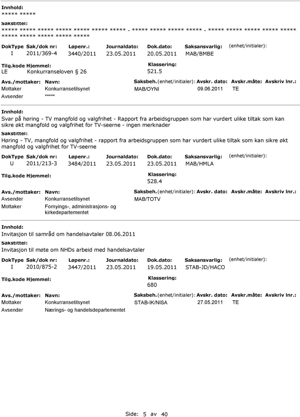 2011 TE Avsender ***** Svar på høring - TV mangfold og valgfrihet - Rapport fra arbeidsgruppen som har vurdert ulike tiltak som kan sikre økt mangfold og valgfrihet for TV-seerne - ingen merknader