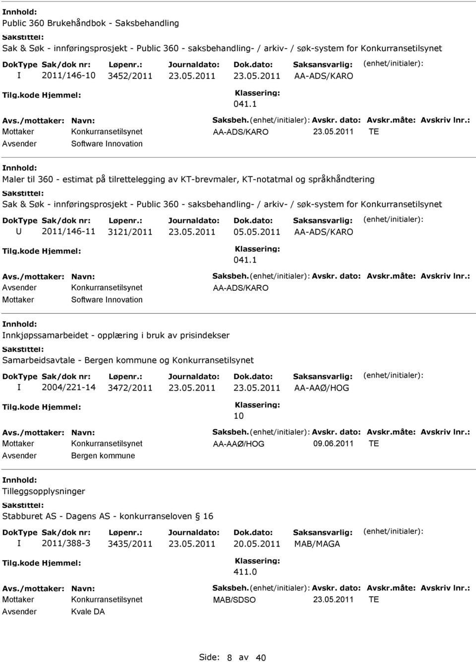 arkiv- / søk-system for Konkurransetilsynet 2011/146-11 3121/2011 05.05.2011 AA-ADS/KARO 041.