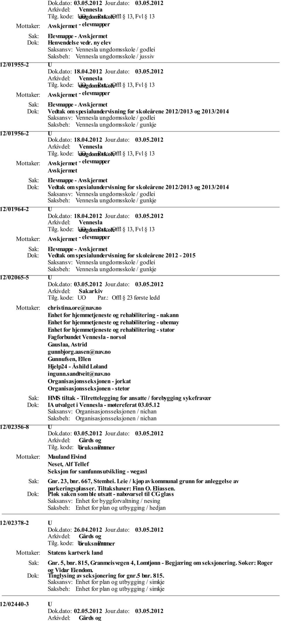 2012 Avskjermet - elevmapper Avskjermet Vedtak om spesialundervisning for skoleårene 2012/2013 og 2013/2014 12/01964-2 U Dok.dato: 18.04.2012 Jour.dato: 03.05.