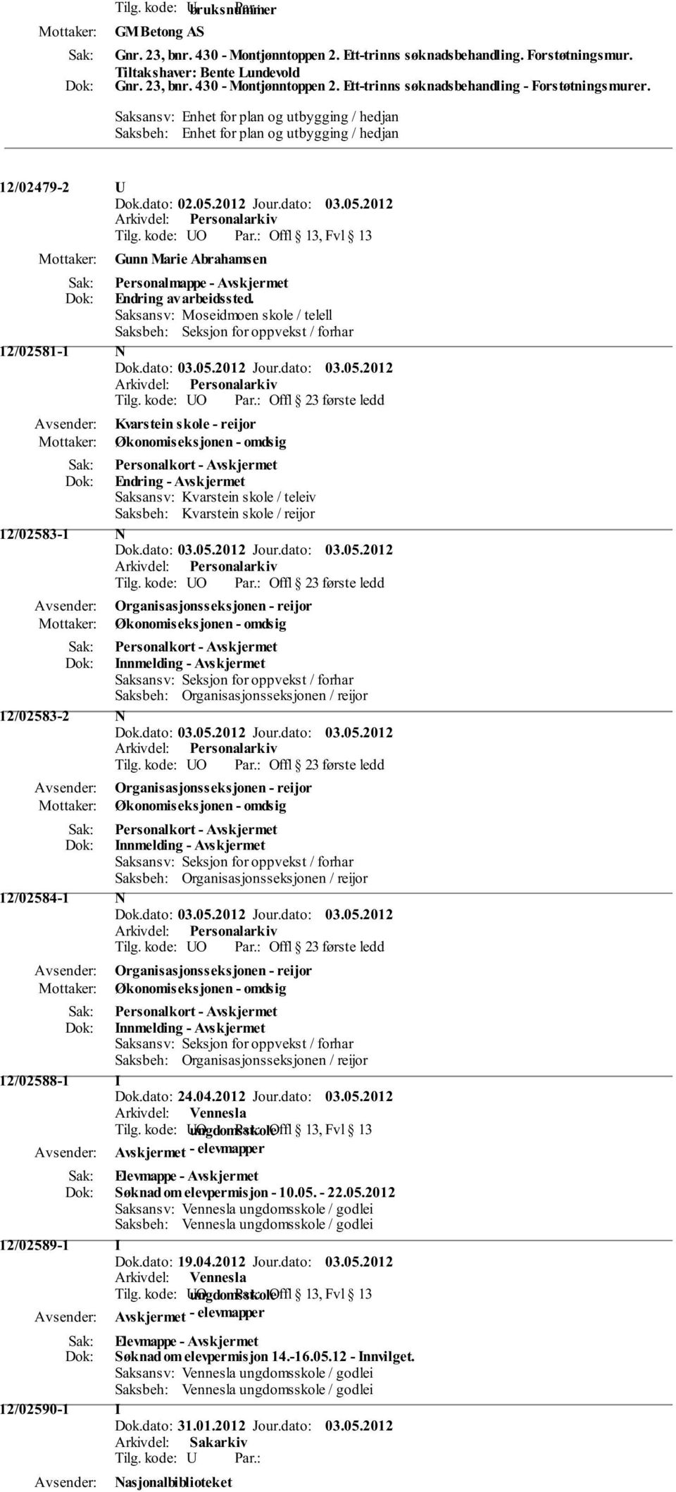 kode: UO Offl 13, Fvl 13 Gunn Marie Abrahamsen Personalmappe - Avskjermet Endring av arbeidssted. Saksansv: Moseidmoen skole / telell Saksbeh: Seksjon for oppvekst / forhar 12/02581-1 N Tilg.